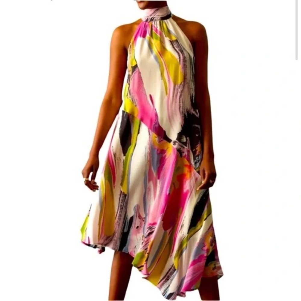 Anthropologie Watercolor Silk Halter Neck Asymmetrical Dress NWT Small